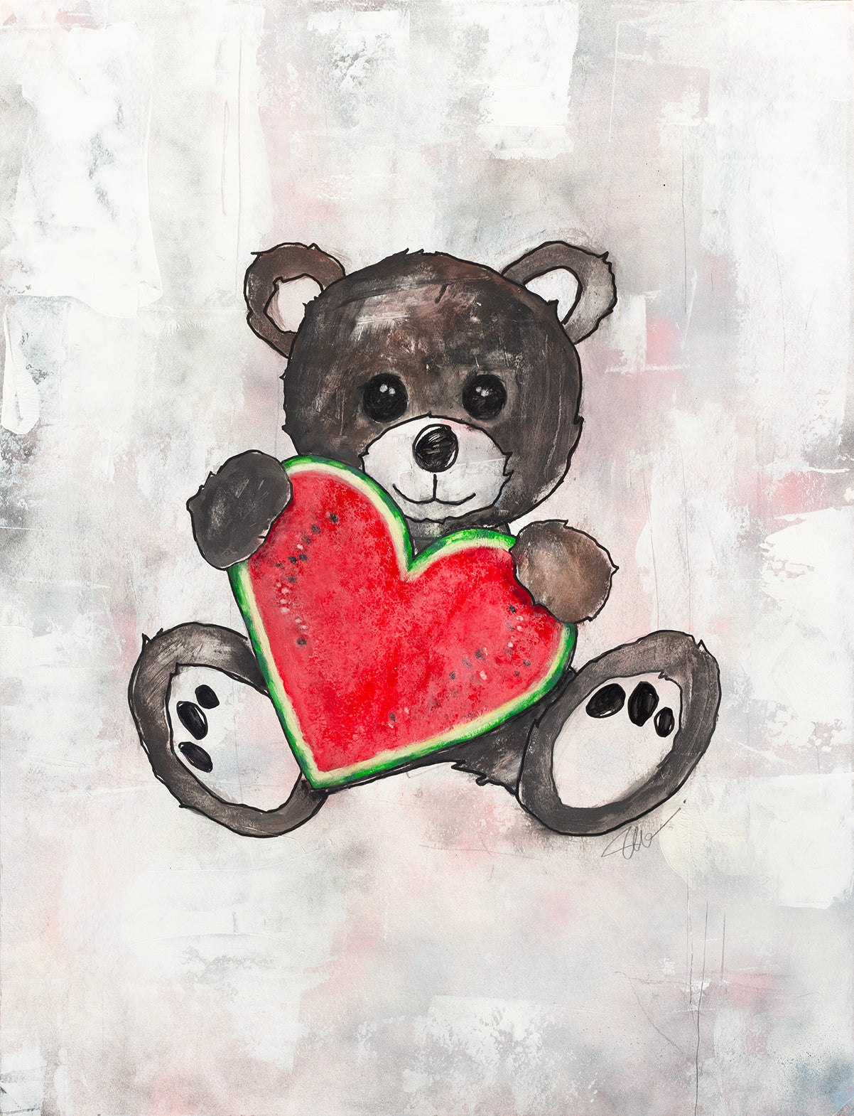 Teddy Bear Black-Watermelon Heart (PRINT ONLY)