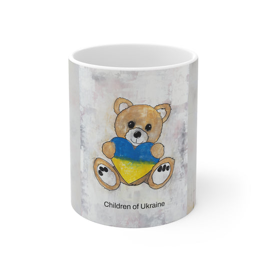 Teddy Bear, Golden - Ukraine Heart Ceramic Mug, (11oz, 15oz)